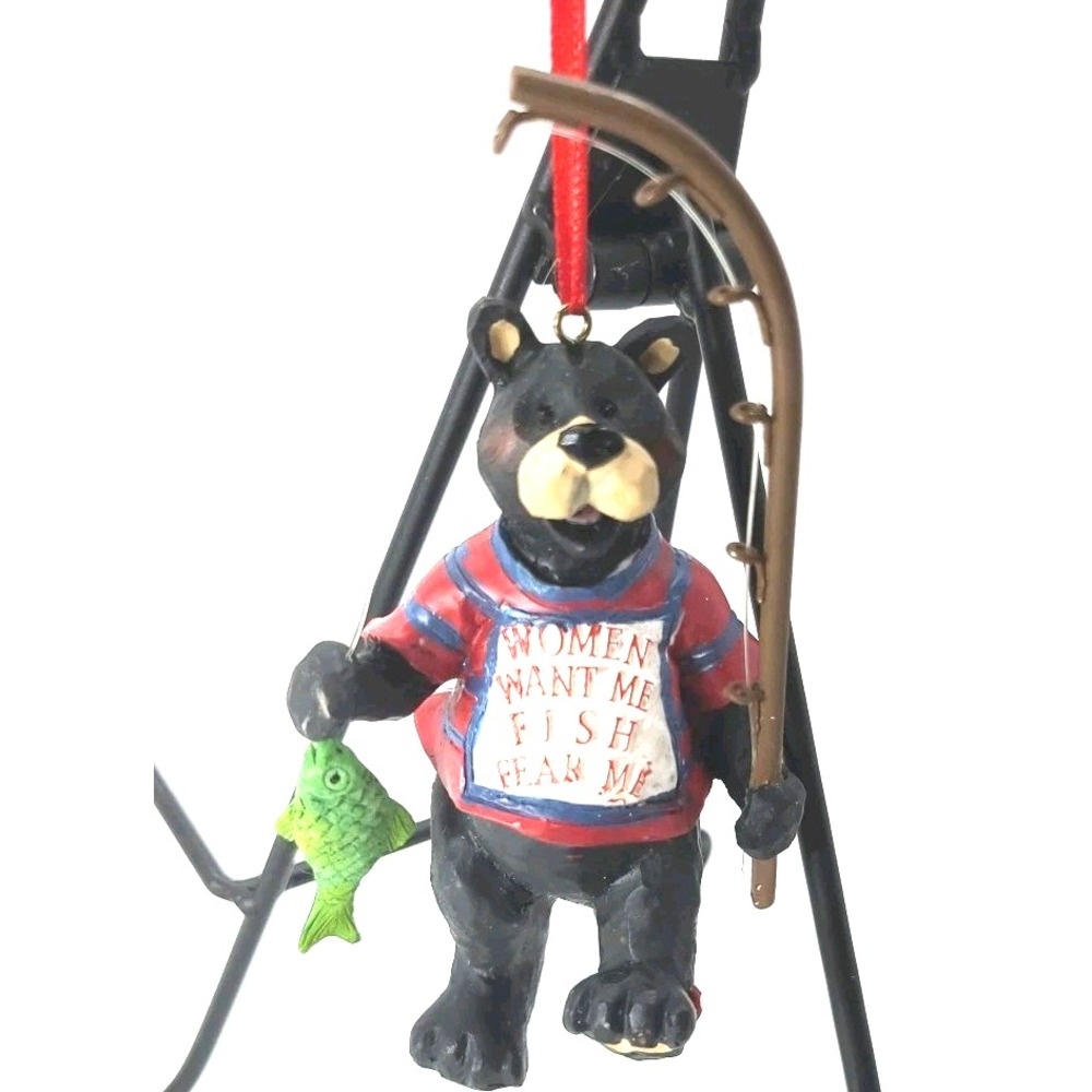 Kurt Adler KSA‎ Black Bear Fishing Figure Ornament Women Want Me Fish Fear Me 5"